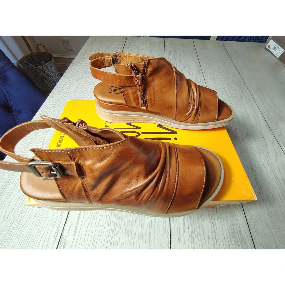 Miz Mooz Conor Brandy Leather Ruched‎ Slingback Wedge Sandals Brown 37